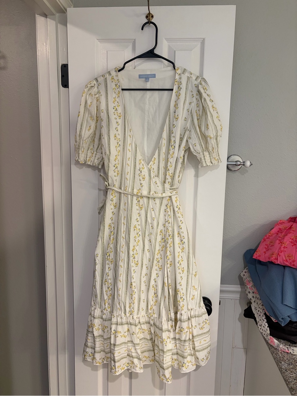 Antonio Melani Linen Blend Wrap Dress 14 Floral Stripe Puff Sleeve Ruffle